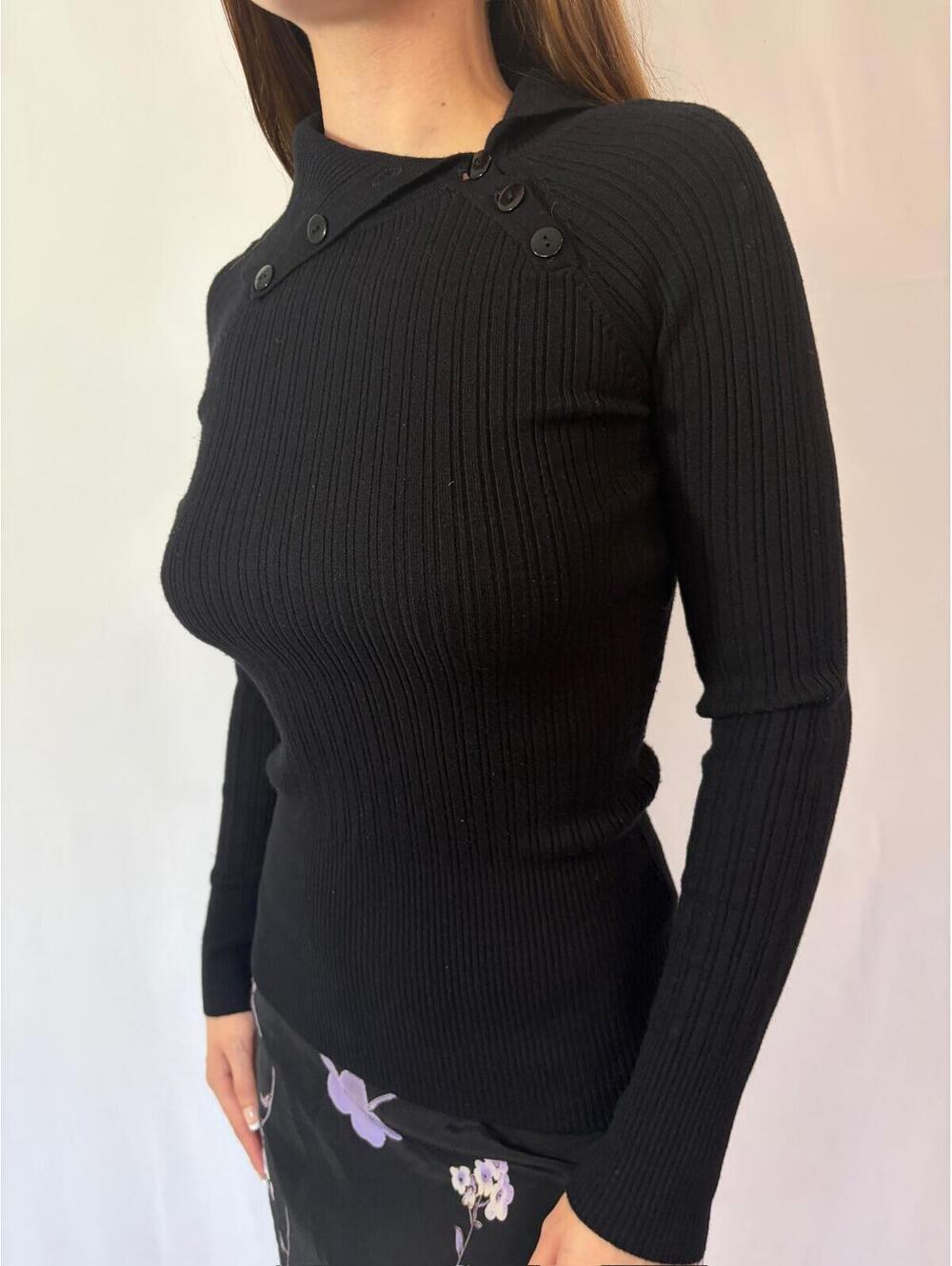 Black Asymmetrical Button Preppy Ribbed Debbie Morgan Sweater